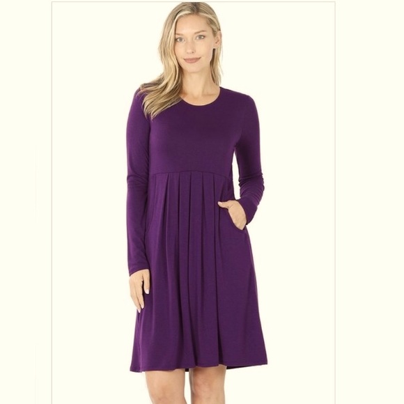 Penna&Pine Dresses & Skirts - Dark Purple Long Sleeve Pocket Pleated Dress